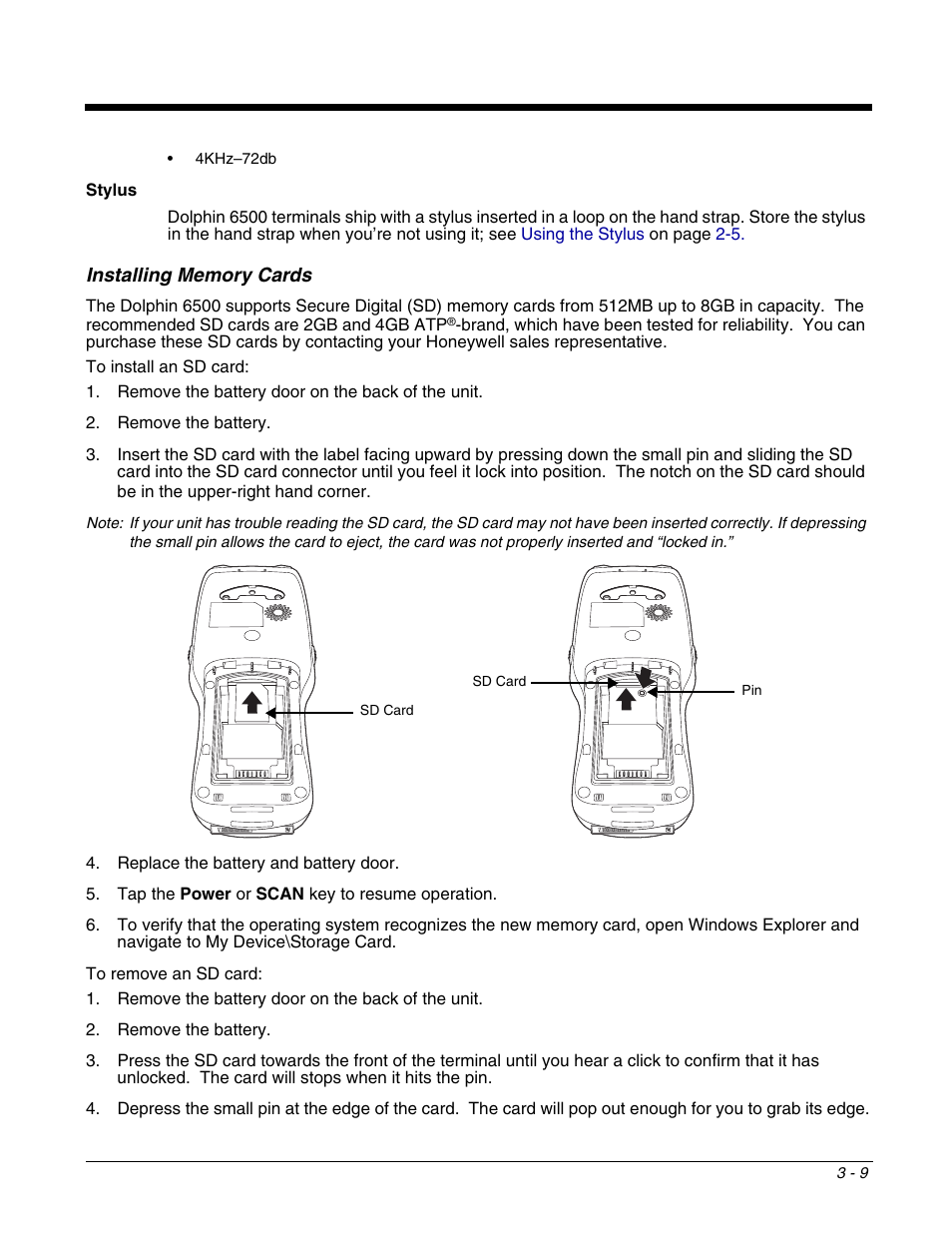 Installing memory cards, Installing memory cards -9 | Honeywell DOLPHIN 6500 User Manual | Page 25 / 76