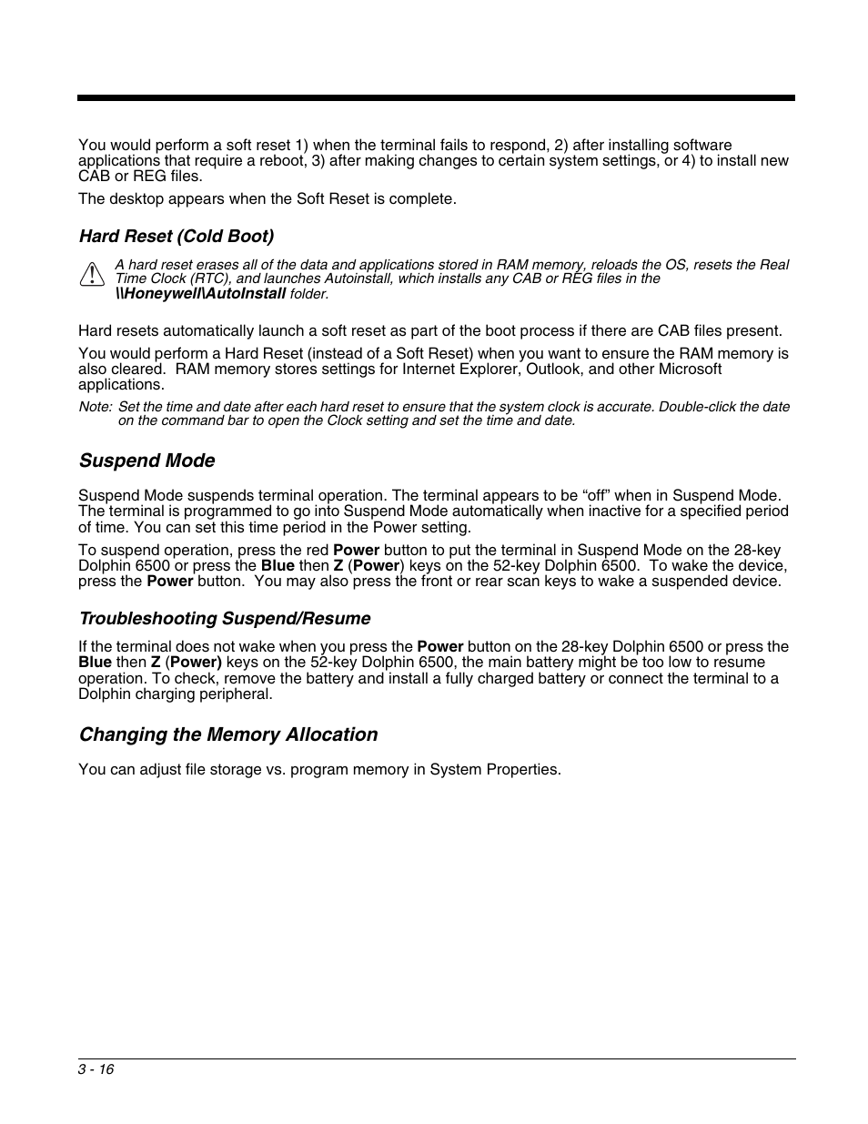 Hard reset (cold boot), Suspend mode, Changing the memory allocation | Hard reset (cold boot) -16 | Honeywell DOLPHIN 6500 User Manual | Page 32 / 76