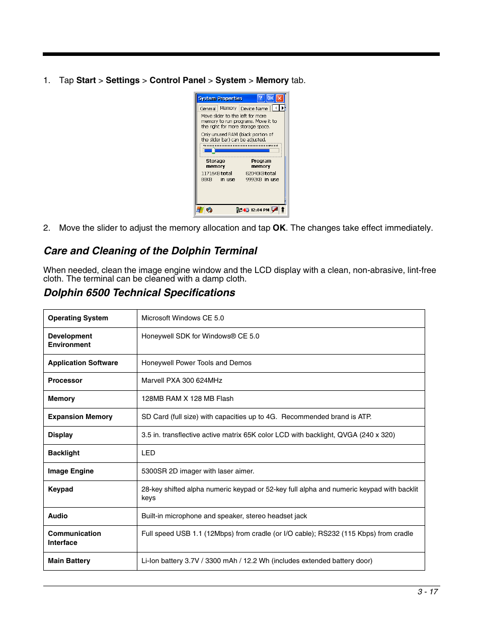 Care and cleaning of the dolphin terminal, Care and cleaning of the dolphin terminal -17, Dolphin 6500 technical specifications | Honeywell DOLPHIN 6500 User Manual | Page 33 / 76