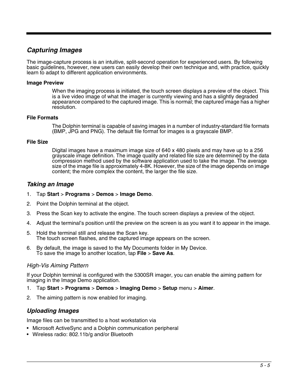 Capturing images, Capturing images -5 | Honeywell DOLPHIN 6500 User Manual | Page 47 / 76