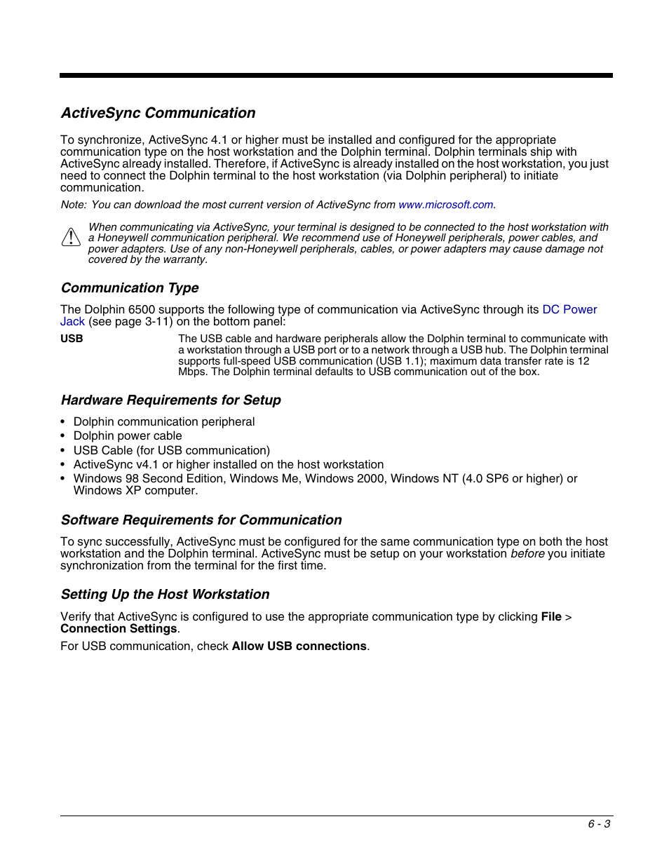 Activesync communication, Activesync communication -3, Activesync; see | For more information, see | Honeywell DOLPHIN 6500 User Manual | Page 51 / 76