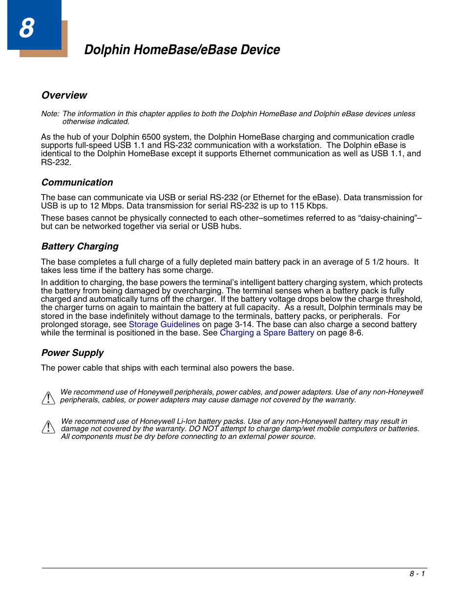Dolphin homebase/ebase device, Overview, Chapter 8 - dolphin homebase/ebase device | Overview -1, For more information, see | Honeywell DOLPHIN 6500 User Manual | Page 59 / 76