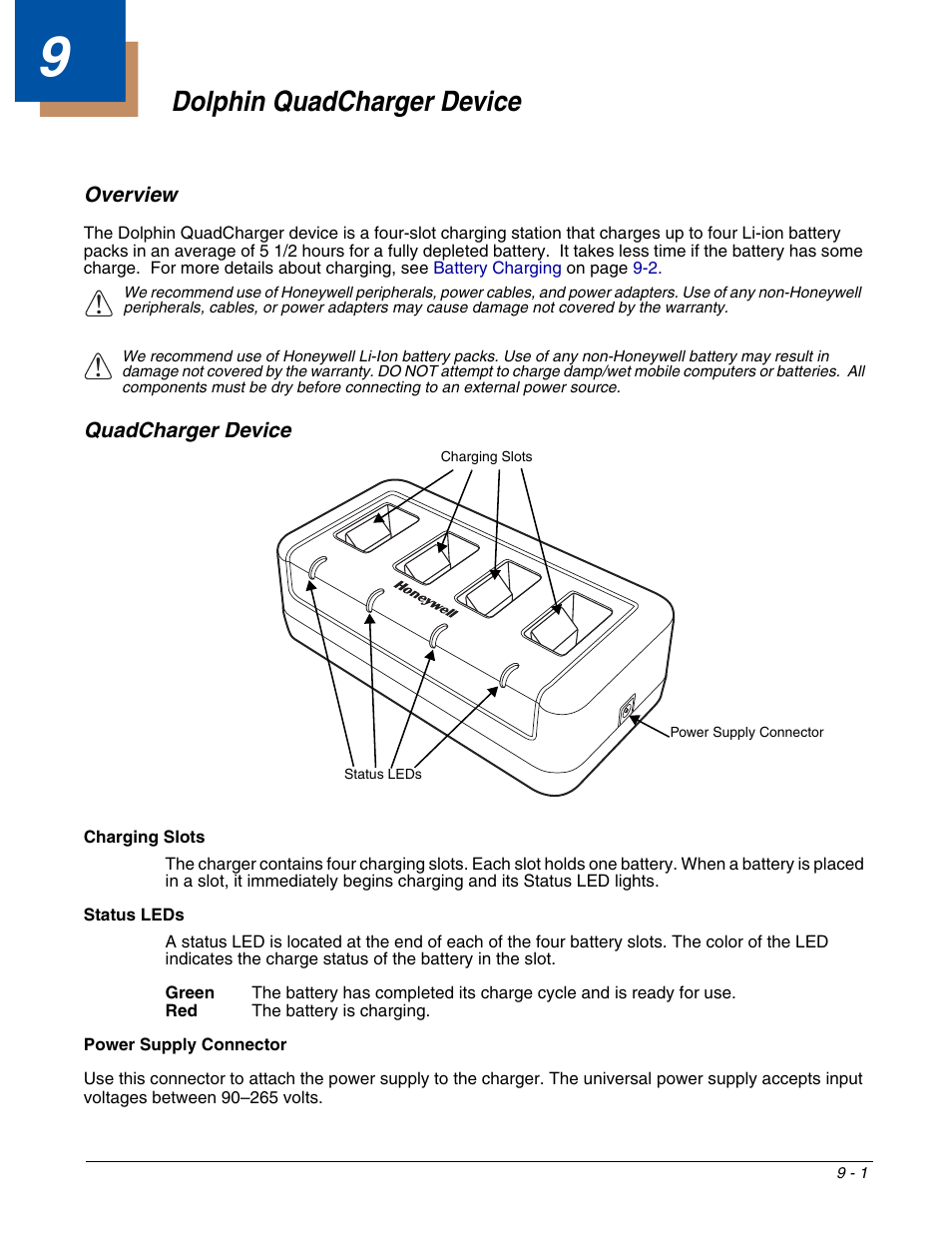 Dolphin quadcharger device, Overview, Quadcharger device | Chapter 9 - dolphin quadcharger device, Overview -1 quadcharger device -1, For more information, see | Honeywell DOLPHIN 6500 User Manual | Page 67 / 76