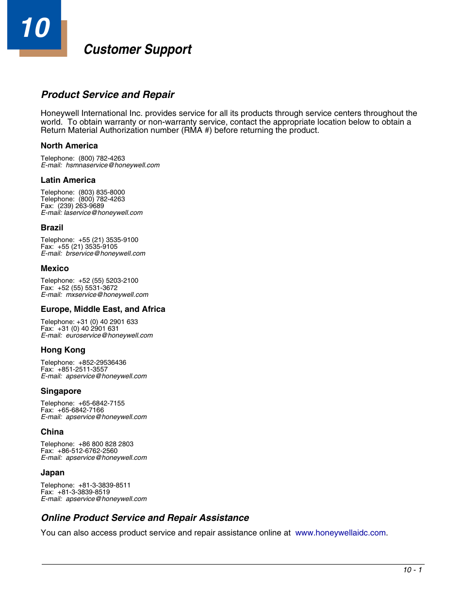 Customer support, Product service and repair, Online product service and repair assistance | Chapter 10 - customer support, Product service and repair -1, Online product service and repair assistance -1, Product, Service and repair | Honeywell DOLPHIN 6500 User Manual | Page 71 / 76