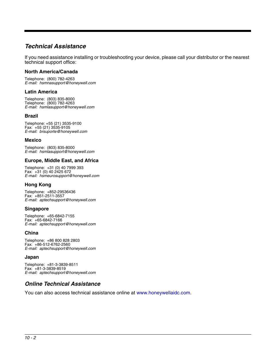 Technical assistance, Online technical assistance, Technical assistance -2 | Online technical assistance -2 | Honeywell DOLPHIN 6500 User Manual | Page 72 / 76