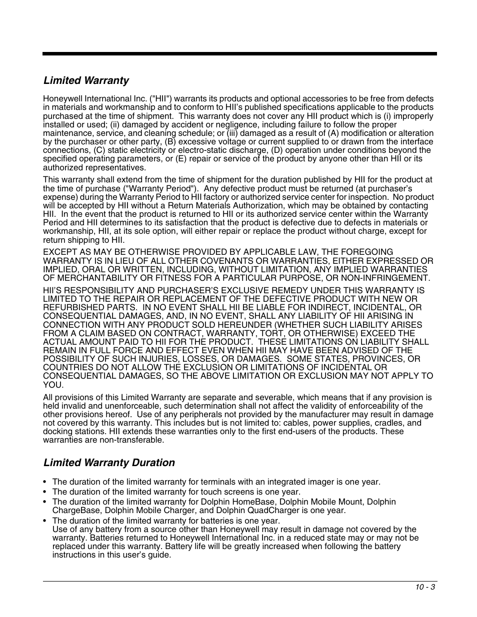 Limited warranty, Limited warranty duration, Limited warranty -3 limited warranty duration -3 | Honeywell DOLPHIN 6500 User Manual | Page 73 / 76