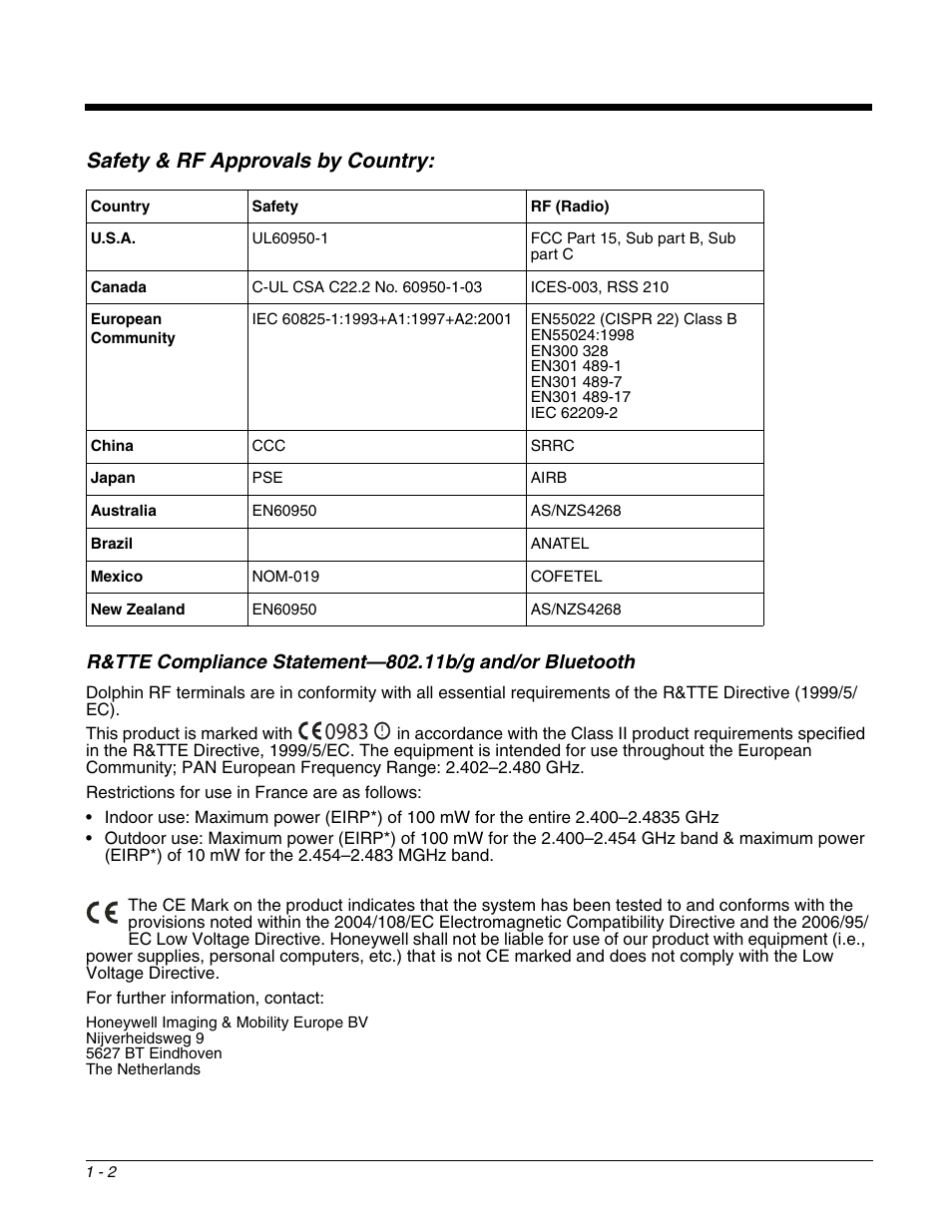 Safety & rf approvals by country, Safety & rf approvals by country: -2 | Honeywell DOLPHIN 6500 User Manual | Page 8 / 76