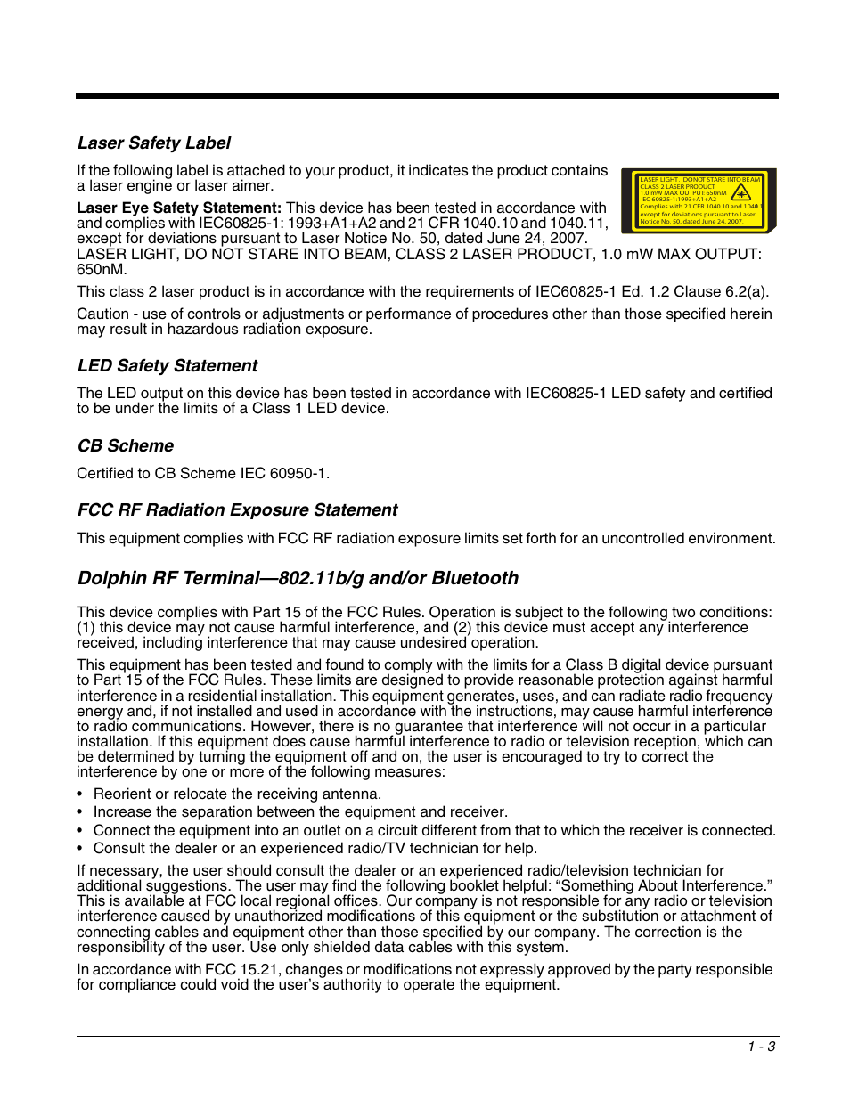 Dolphin rf terminal—802.11b/g and/or bluetooth, Dolphin rf terminal—802.11b/g and/or bluetooth -3, Laser safety label | Led safety statement, Cb scheme, Fcc rf radiation exposure statement | Honeywell DOLPHIN 6500 User Manual | Page 9 / 76