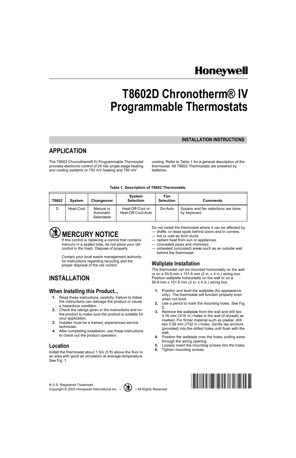 Honeywell Chronotherm IV T8602D User Manual | 12 pages