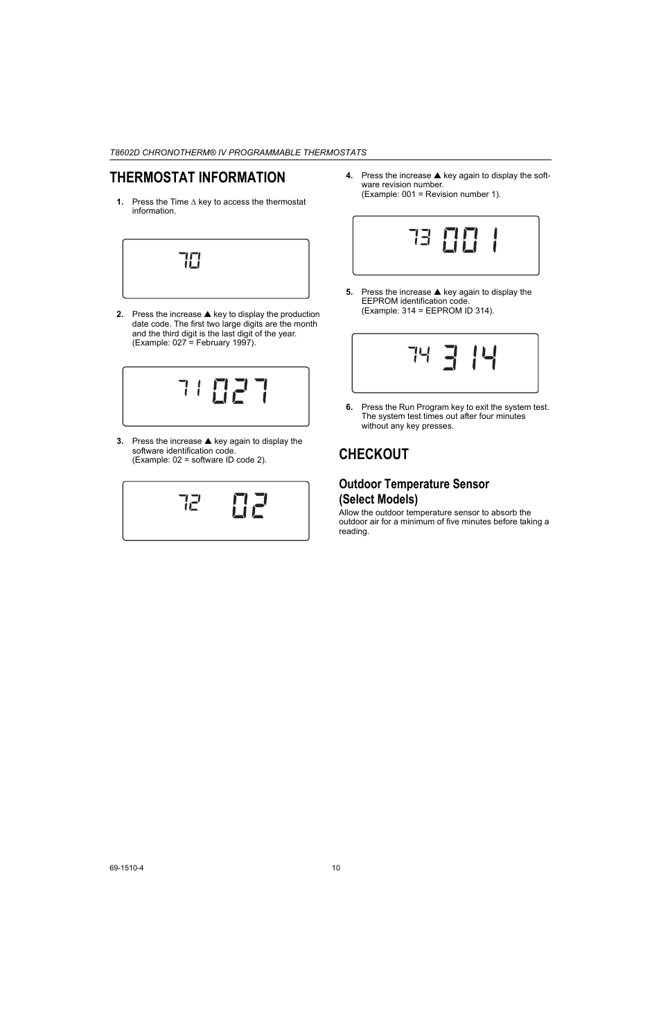 Thermostat information, Checkout, Outdoor temperature sensor (select models) | Honeywell Chronotherm IV T8602D User Manual | Page 10 / 12