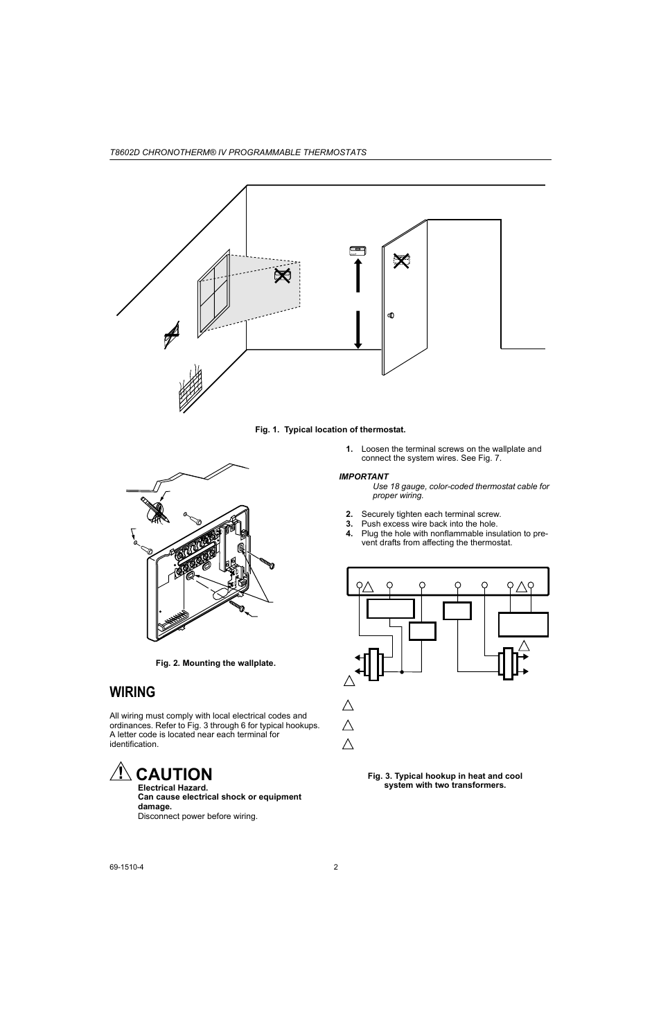 Wiring, Caution | Honeywell Chronotherm IV T8602D User Manual | Page 2 / 12
