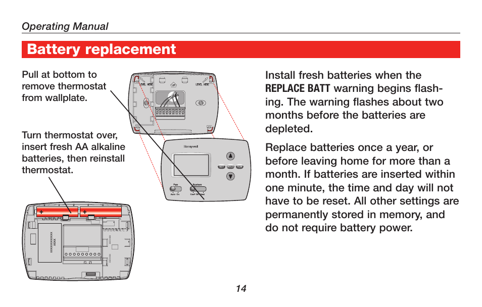 About your new thermostat battery replacement | Honeywell RTH4300B User Manual | Page 16 / 64