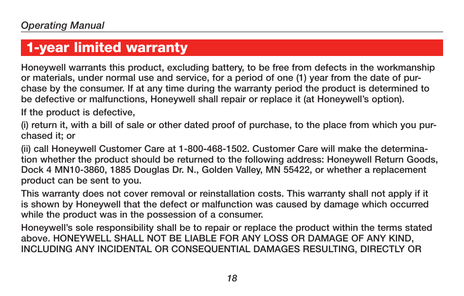 Year limited warranty | Honeywell RTH4300B User Manual | Page 20 / 64