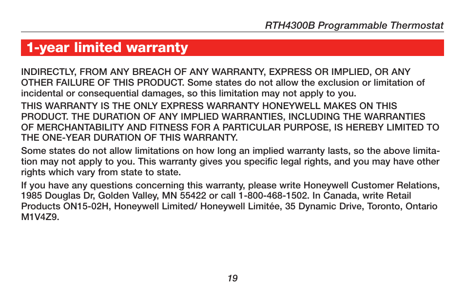 Year limited warranty | Honeywell RTH4300B User Manual | Page 21 / 64