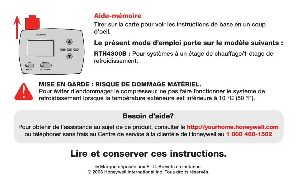 Rth4300b, Lire et conserver ces instructions | Honeywell RTH4300B User Manual | Page 23 / 64