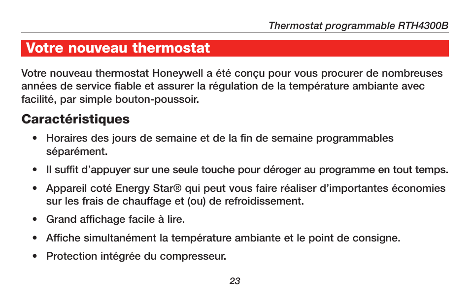 À propos du thermostat, Votre nouveau thermostat | Honeywell RTH4300B User Manual | Page 25 / 64