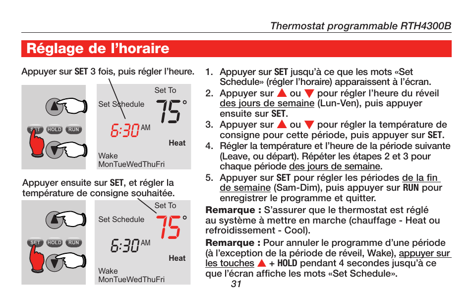 À propos du thermostat réglage de l’horaire | Honeywell RTH4300B User Manual | Page 33 / 64