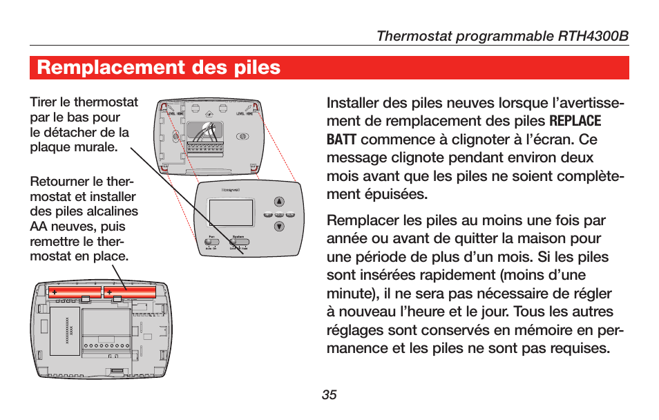 À propos du thermostat remplacement des piles | Honeywell RTH4300B User Manual | Page 37 / 64