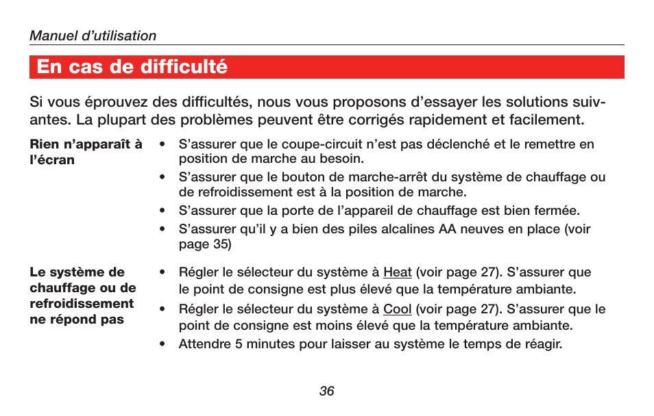 À propos du thermostat en cas de difficulté | Honeywell RTH4300B User Manual | Page 38 / 64