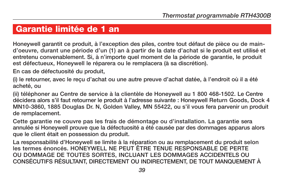 À propos du thermostat garantie limitée de 1 an | Honeywell RTH4300B User Manual | Page 41 / 64