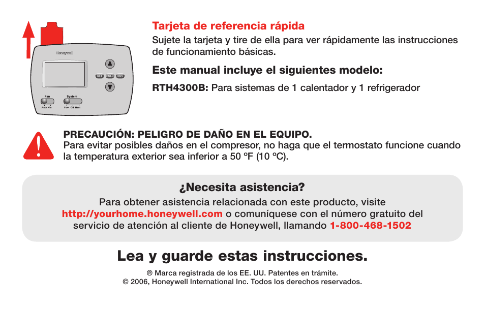 Lea y guarde estas instrucciones | Honeywell RTH4300B User Manual | Page 44 / 64