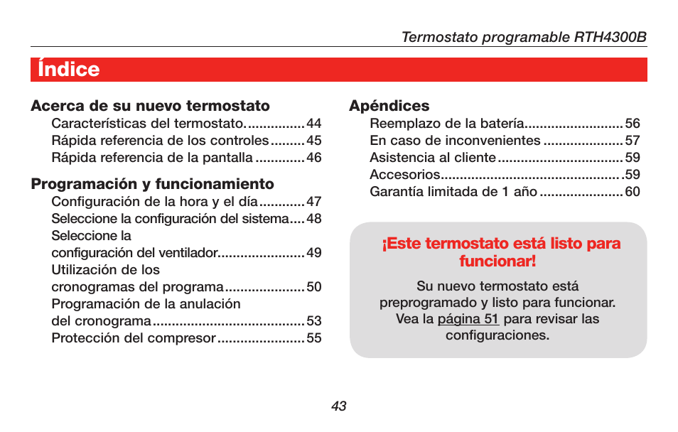 About your new thermostat índice | Honeywell RTH4300B User Manual | Page 45 / 64