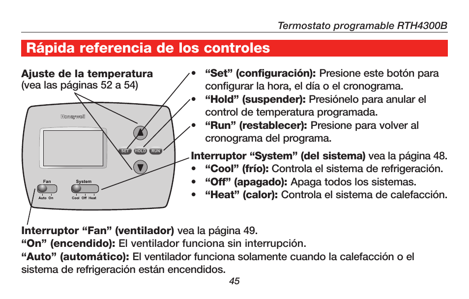 About your new thermostat, Rápida referencia de los controles | Honeywell RTH4300B User Manual | Page 47 / 64