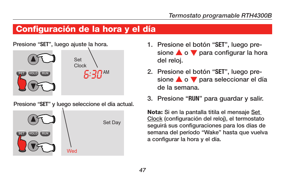 About your new thermostat, Configuración de la hora y el dнa | Honeywell RTH4300B User Manual | Page 49 / 64