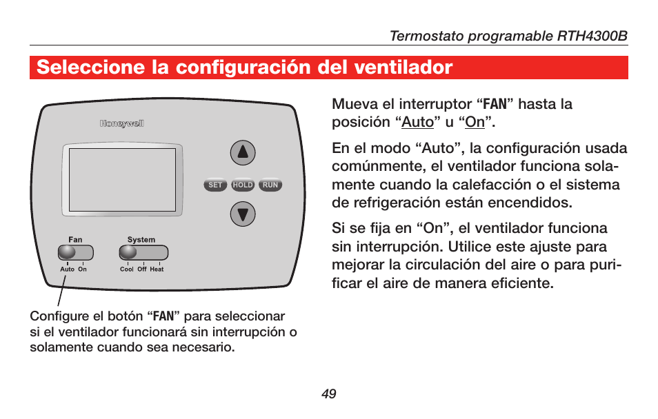 About your new thermostat, Seleccione la configuración del ventilador | Honeywell RTH4300B User Manual | Page 51 / 64