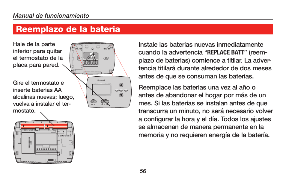 Acerca de su nuevo termostato, Reemplazo de la batería | Honeywell RTH4300B User Manual | Page 58 / 64