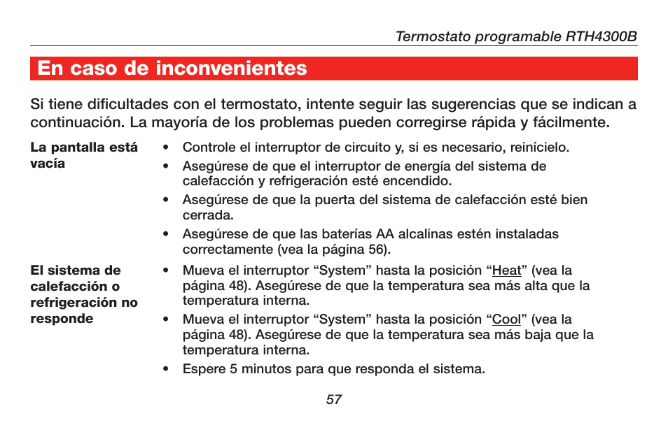 About your new thermostat, En caso de inconvenientes | Honeywell RTH4300B User Manual | Page 59 / 64