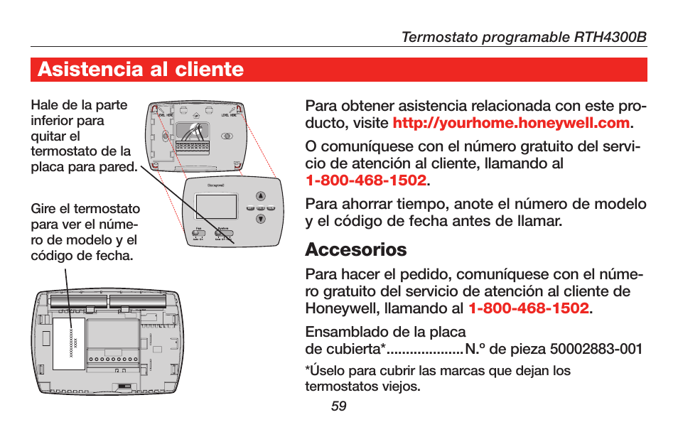 About your new thermostat, Asistencia al cliente | Honeywell RTH4300B User Manual | Page 61 / 64