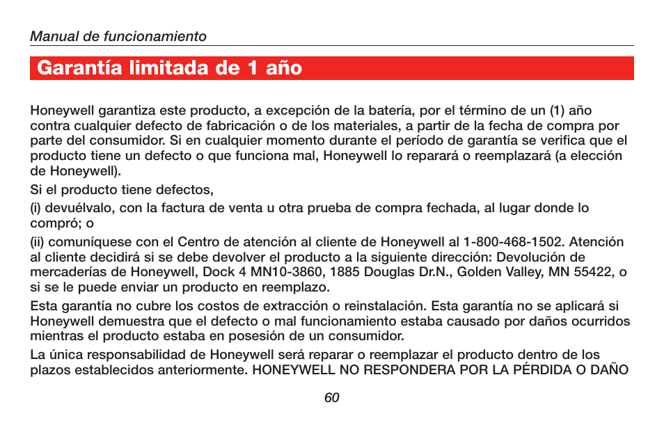 Acerca de su nuevo termostato, Garantía limitada de 1 aсo | Honeywell RTH4300B User Manual | Page 62 / 64