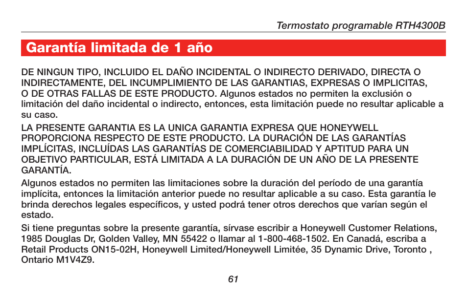 About your new thermostat, Garantía limitada de 1 aсo | Honeywell RTH4300B User Manual | Page 63 / 64