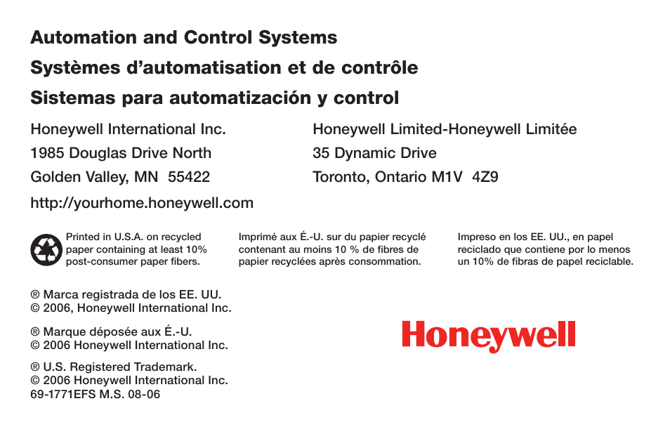 Automation and control systems, Systèmes d’automatisation et de contrôle, Sistemas para automatización y control | Honeywell RTH4300B User Manual | Page 64 / 64