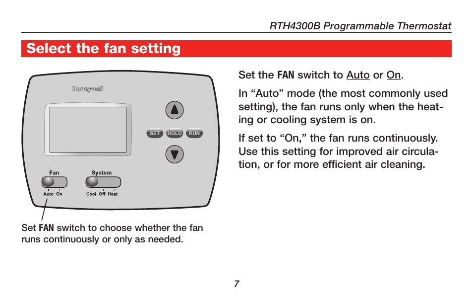 About your new thermostat select the fan setting | Honeywell RTH4300B User Manual | Page 9 / 64