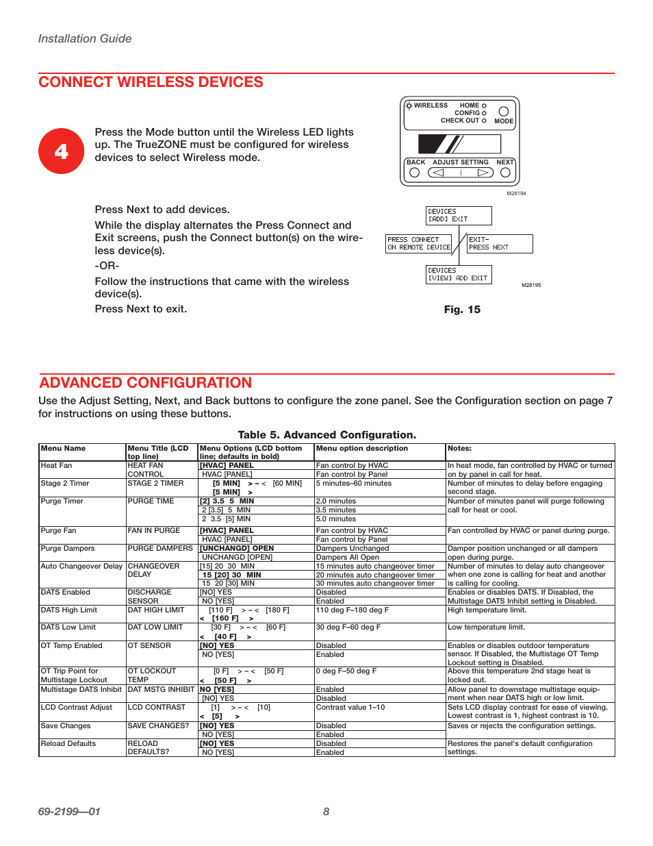 Advanced configuration, Connect wireless devices, Installation guide | Table 5. advanced configuration | Honeywell TRUEZONE HZ322 User Manual | Page 10 / 12