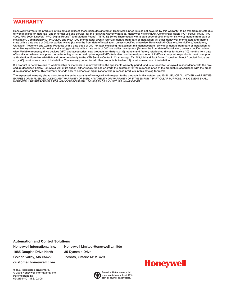 Warranty | Honeywell TRUEZONE HZ322 User Manual | Page 12 / 12