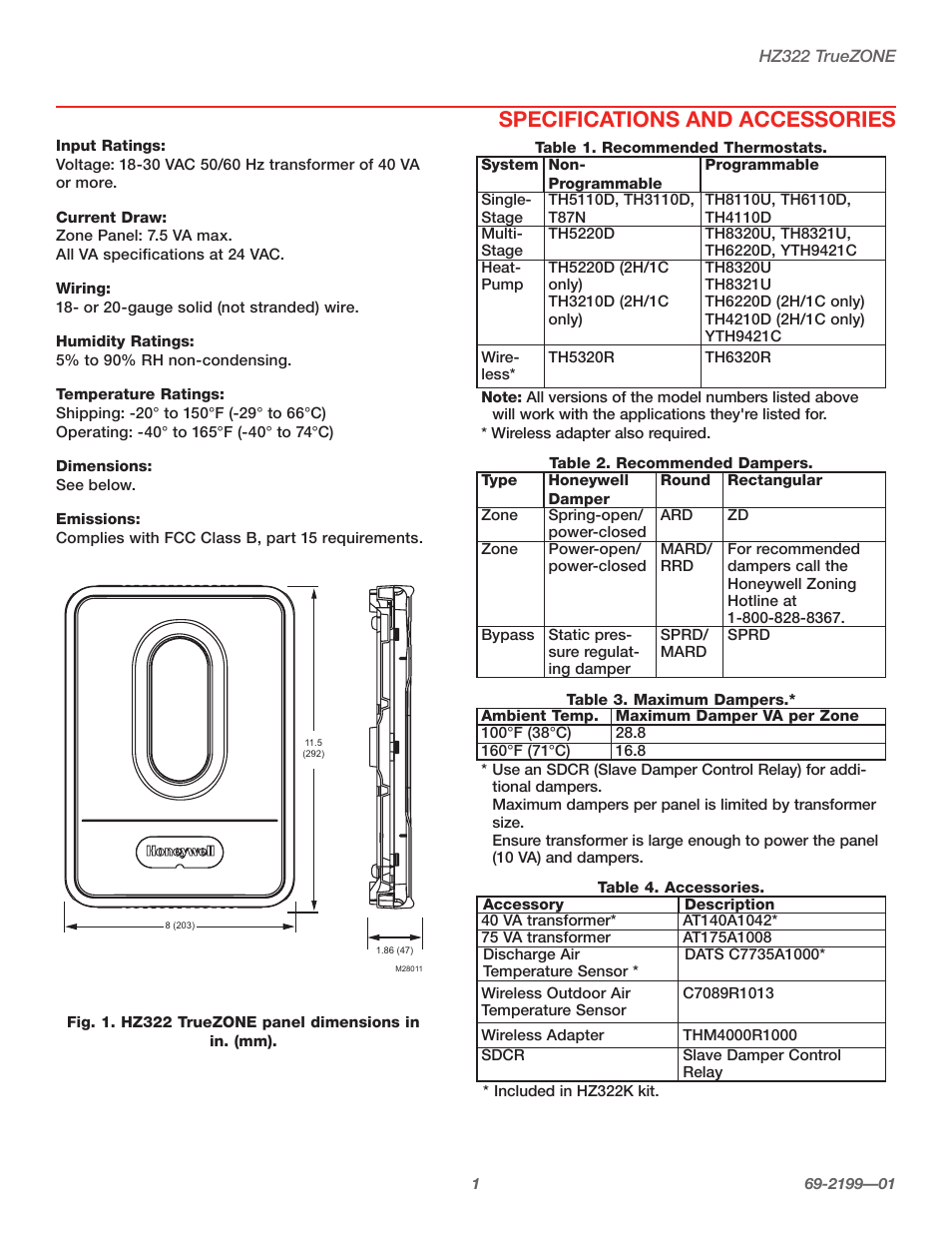 Specifications and accessories | Honeywell TRUEZONE HZ322 User Manual | Page 3 / 12