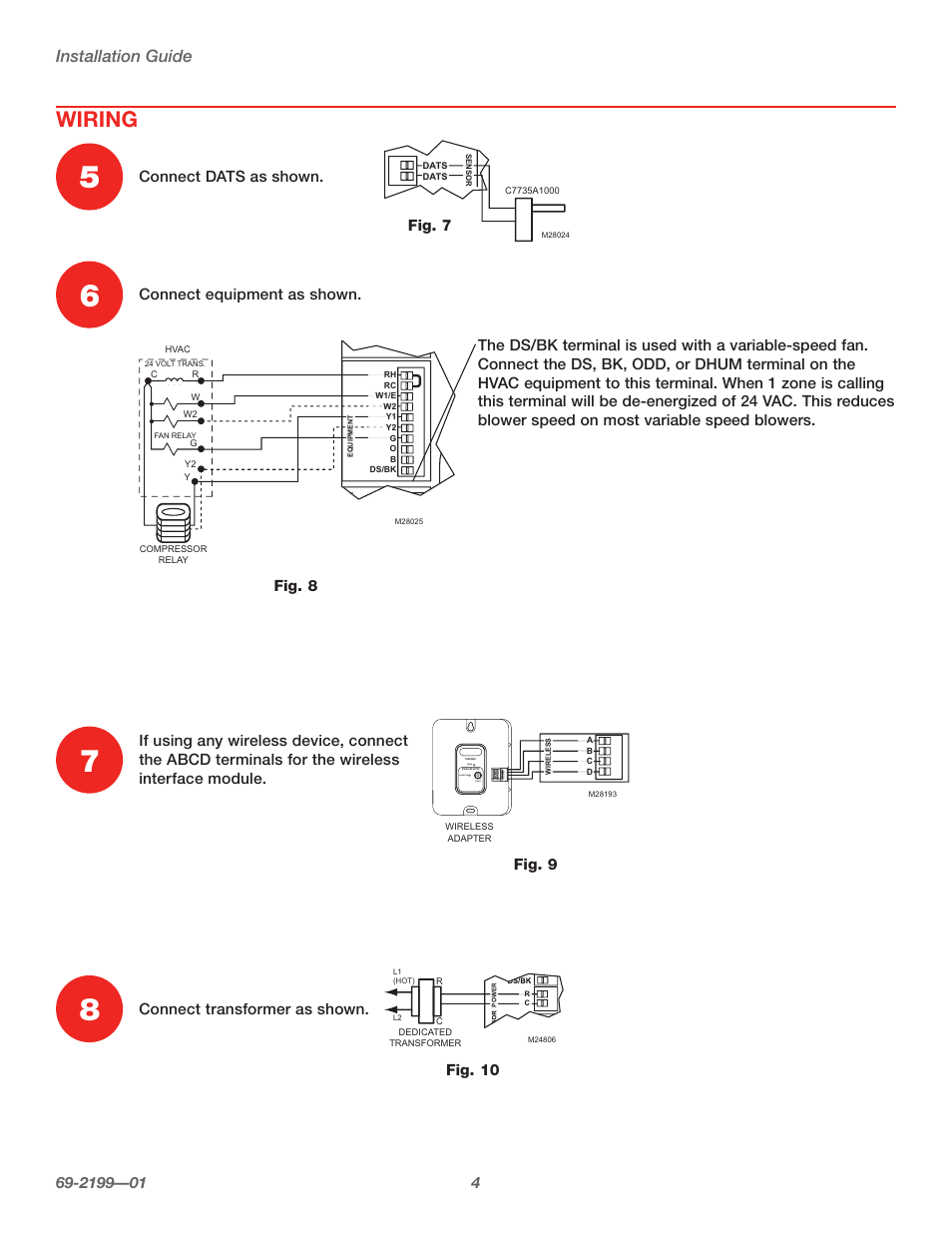 Wiring, Installation guide, Connect equipment as shown | Connect transformer as shown, Fig. 7 fig. 8 fig. 10, Fig. 9 | Honeywell TRUEZONE HZ322 User Manual | Page 6 / 12