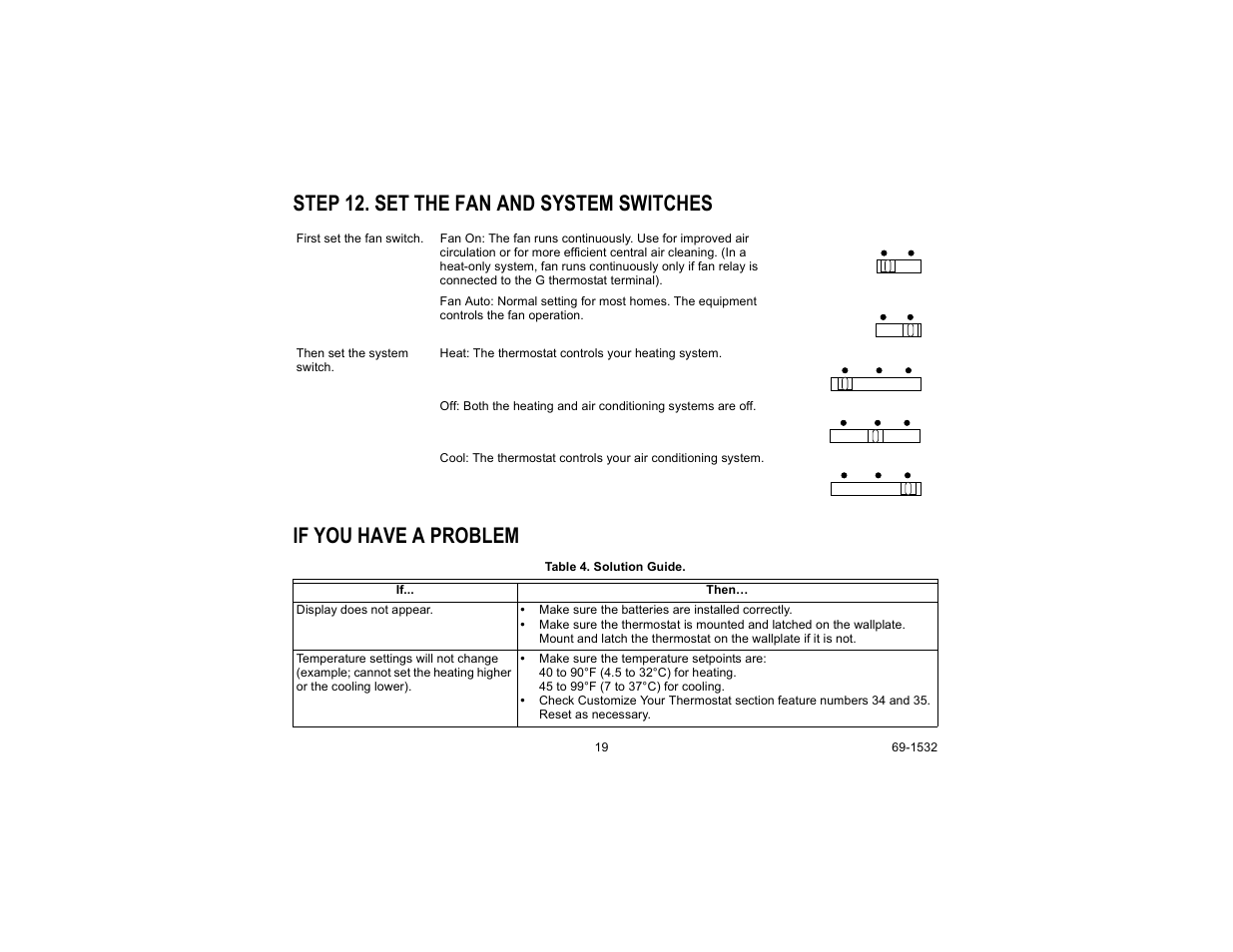 Step 12. set the fan and system switches, If you have a problem | Honeywell CT8602 User Manual | Page 19 / 24