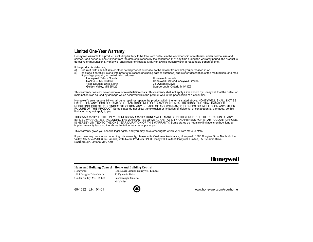 Limited one-year warranty | Honeywell CT8602 User Manual | Page 24 / 24