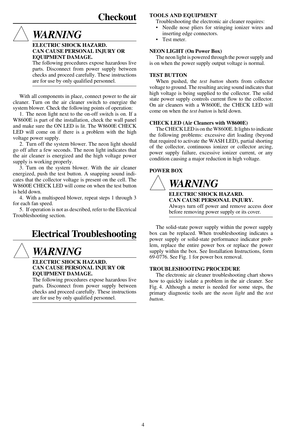Warning, Checkout, Electrical troubleshooting | Honeywell 203365A User Manual | Page 4 / 6