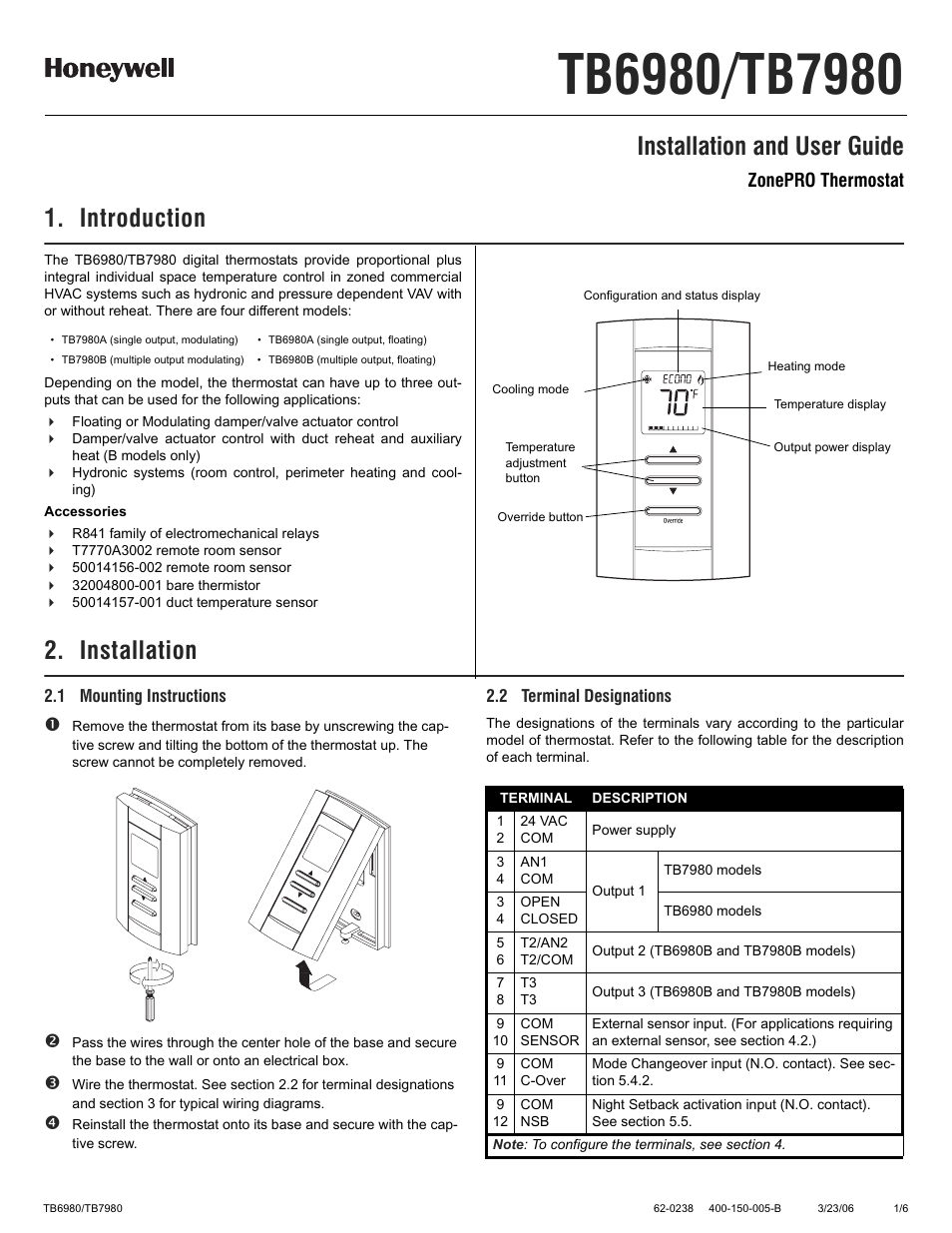 Honeywell ZONEPRO TB6980 User Manual | 6 pages