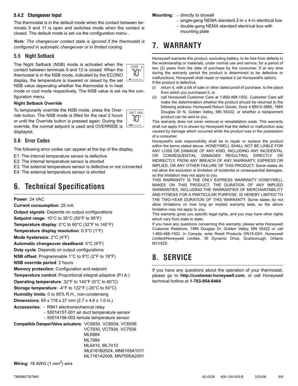 Technical specifications, Warranty, Service | Honeywell ZONEPRO TB6980 User Manual | Page 6 / 6