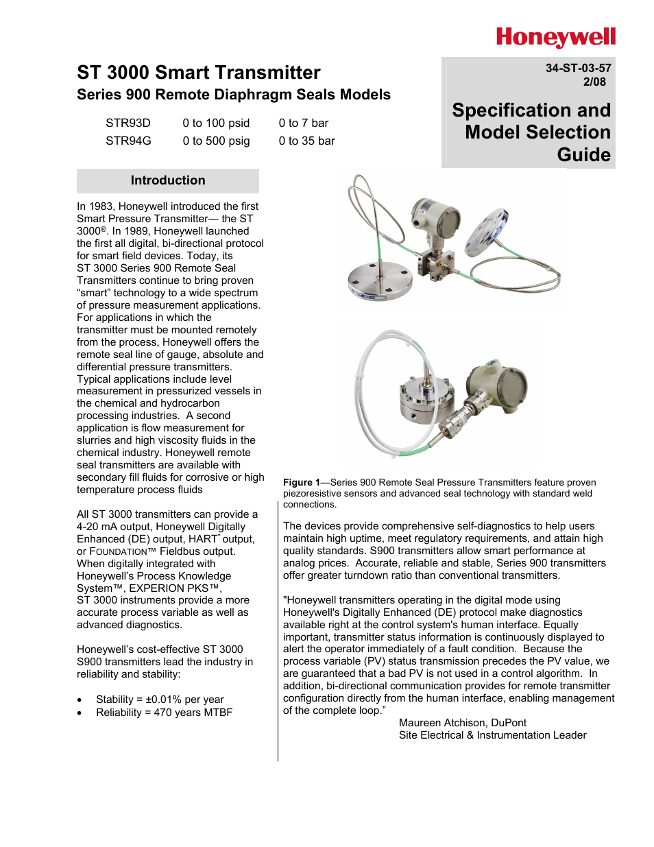 Honeywell ST 3000 SMART TRANSMITTER STR93D User Manual | 32 pages