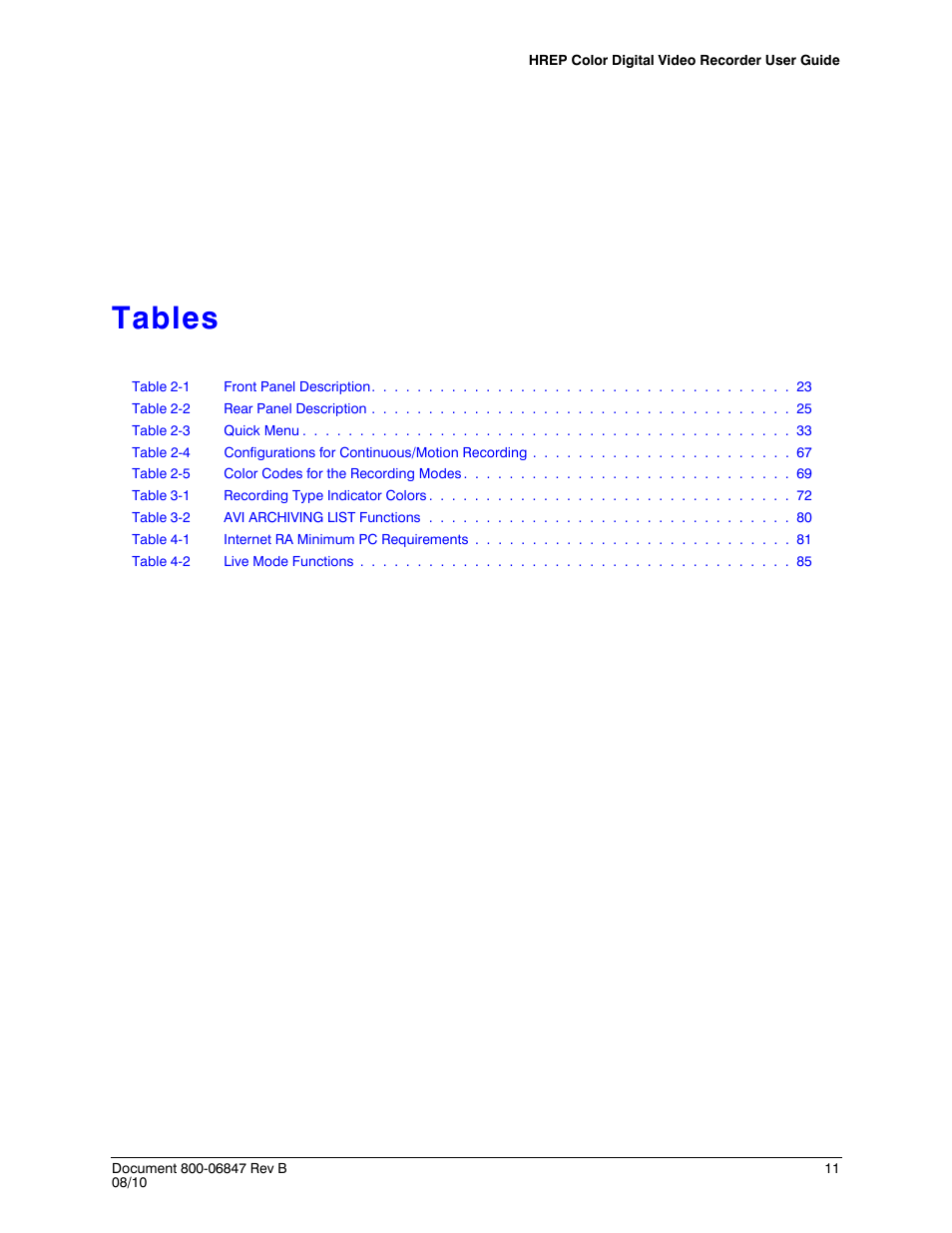 Tables | Honeywell HREP4 User Manual | Page 11 / 104