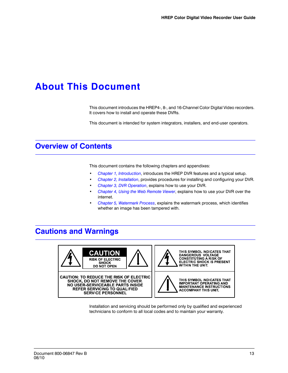 About this document, Overview of contents, Cautions and warnings | Overview of contents cautions and warnings | Honeywell HREP4 User Manual | Page 13 / 104