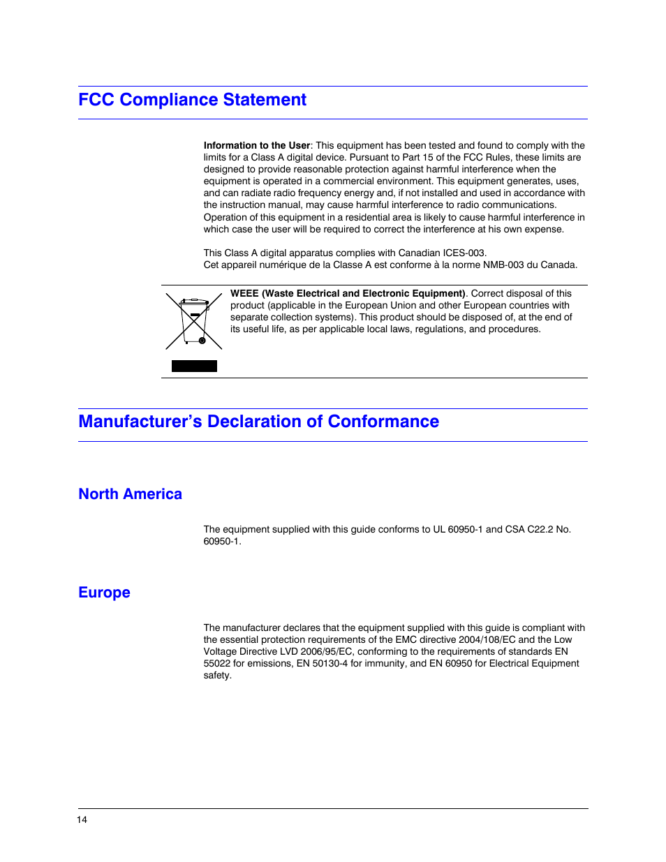 Fcc compliance statement, Manufacturer’s declaration of conformance, North america | Europe, North america europe | Honeywell HREP4 User Manual | Page 14 / 104