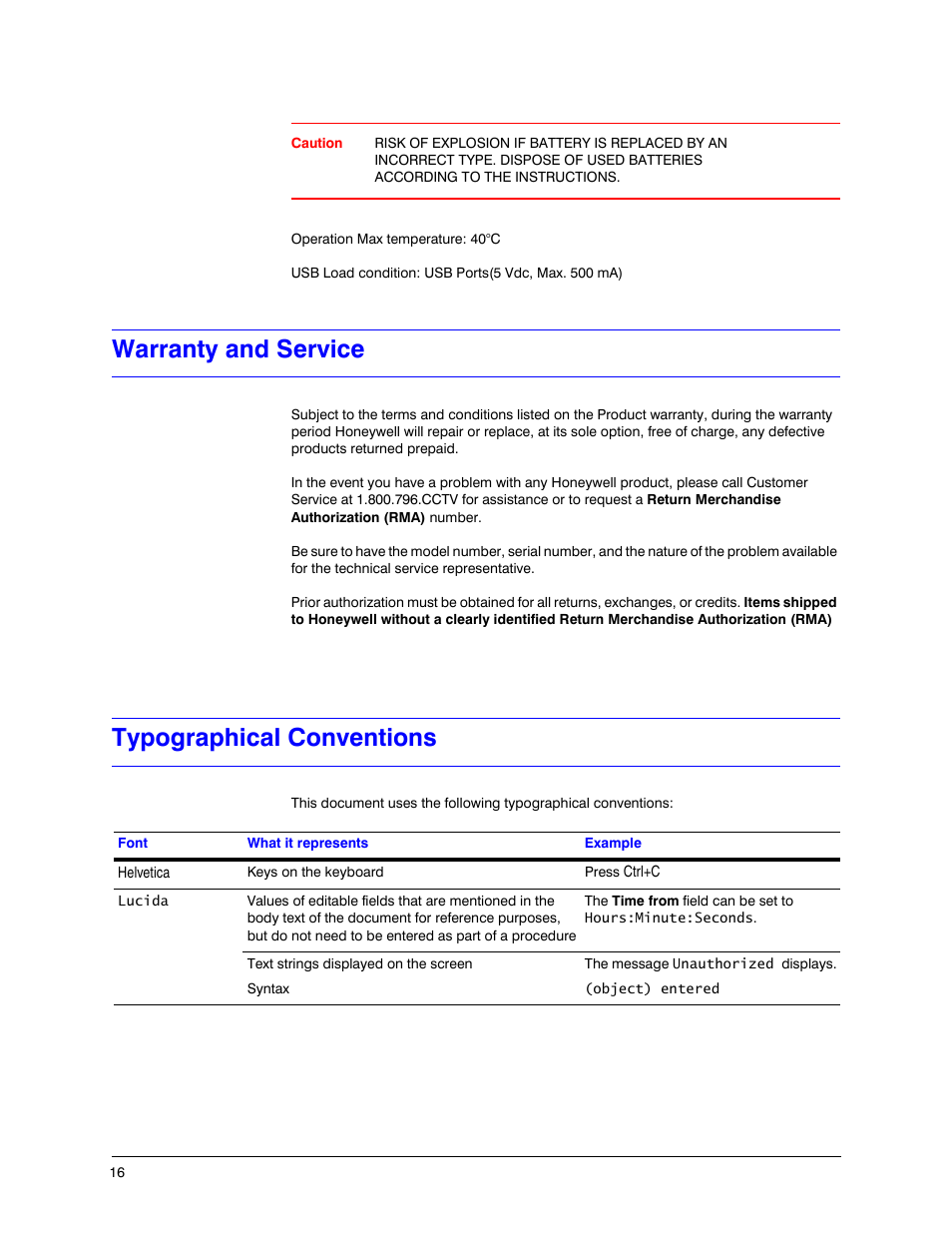 Warranty and service, Typographical conventions, Warranty and service typographical conventions | Honeywell HREP4 User Manual | Page 16 / 104